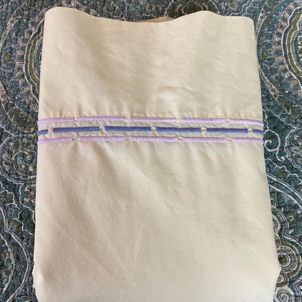 Embroidered Wamsutta vintage Cream flat Sheet with Lavender and Light Blue Trim